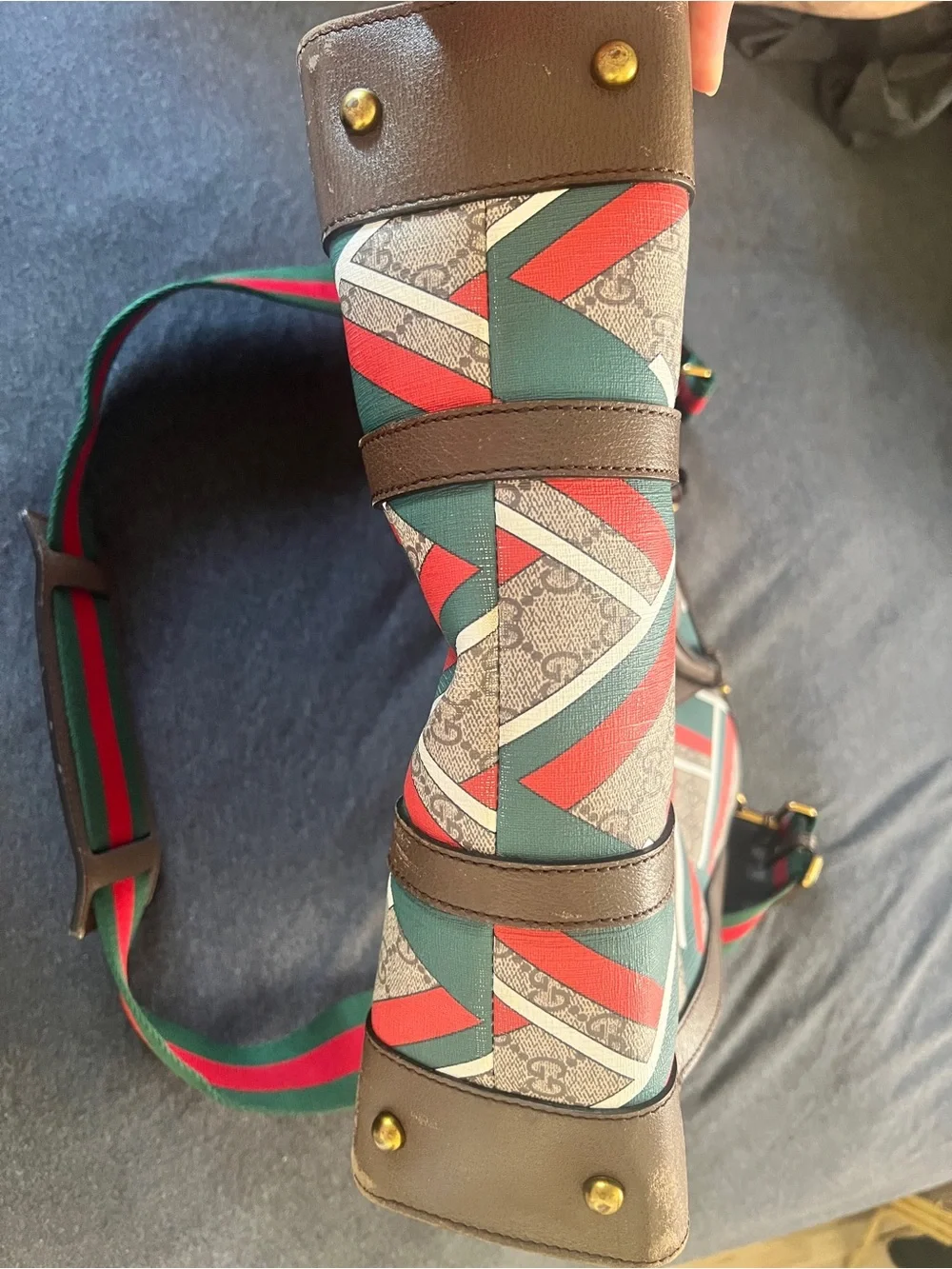 Gucci Brown GG Canvas Laptop Bag with Red and Green Striped Strap
